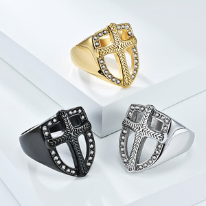 Anillo de Cruz con Escudo para Hombre, Oro, Negro, Plata, con Incrustaciones, Joyería de Moda, Pulsera para el Dedo Índice - Product Image 1