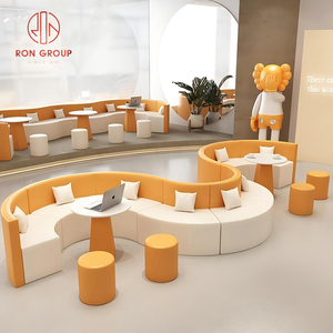 Cabina de sofá curvada de cuero <span class=keywords><strong>para</strong></span> muebles de cafetería comercial con mesa circular redonda de mármol <span class=keywords><strong>y</strong></span> par de <span class=keywords><strong>taburetes</strong></span> cilíndricos - Product Image 6