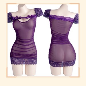 Vestido ajustado romántico de encaje morado, lencería transparente de manga corta, ropa de dormir para mujer 028 - Product Image 3