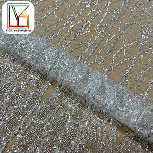 Sang Trọng Handmade Đính Cườm Sequin Thêu Ren Lưới Vải Pháp Trắng Bridal Wedding Tulle Lưới Ren Vải Cho Buổi Tối Dresses - Product Image 4