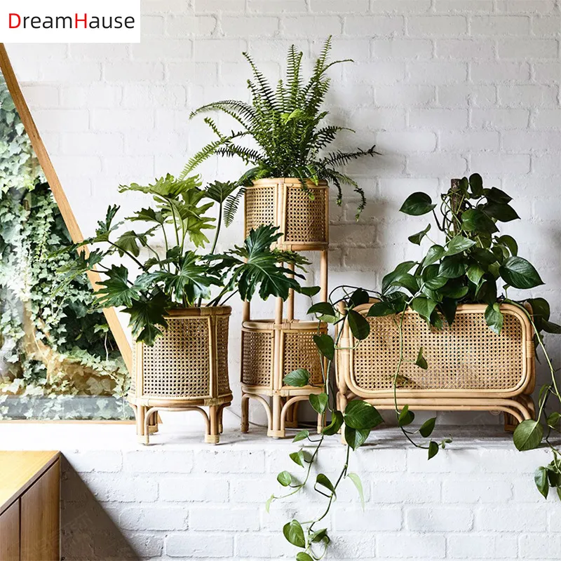 Dreamhause-estante de madera maciza de ratán nórdico para flores, para sala de estar, interior, maceta, adornos, estante de CD creativo Doble