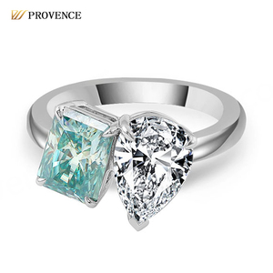 Anillo de Diamantes de Oro Sólido de 14K, Estilo Personalizado, Anillo de Boda con Dos Piedras, Anillo de Moissanita Verde de 4 Quilates con Incrustaciones para Mujer - Product Image 1