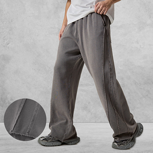 360GSM Pantalons pour hommes délavés en détresse Streetwear transfrontalier Jambe large Ourlet brut Boucle-Manchette en tricot - Product Image 2