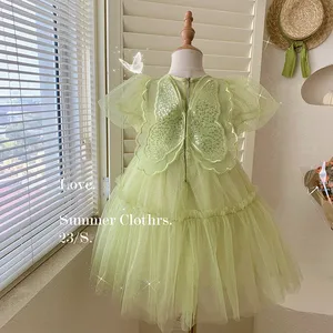 כותנה מוצק מסיבת קצר שרוול שמלת הקיץ לילדים בנות 2 כדי 14 שנים בציר מרווה ירוק 2-3 שנה
