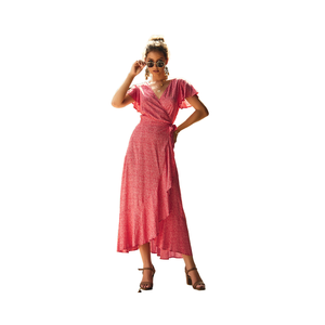 Abito da donna <span class=keywords><strong>con</strong></span> volant e scollo a V, maniche corte, in chiffon lungo al ginocchio, vita naturale, antipiega, per l'estate - Product Image 1