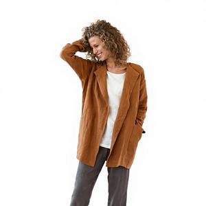 Blazer de Lino Sólido Color Canela para Mujer, Elegante y Hermoso, Talla Grande, para Invierno, Mangas Largas, Dos Bolsillos Laterales Amplios - Product Image 1