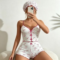 Ensemble pyjama P591 blanc et rouge à imprimé cœurs et cils pour femme, comprenant un caraco côtelé et un short avec bonnet de douche à nœud, vêtements de nuit et de détente