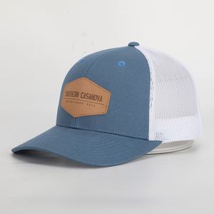 Custom High Quality 6 Panel 112 Cap Style Cotton Structured Mesh Trucker <b>Hat</b> With <b>Leather</b> Patch Logo - Product Image 1