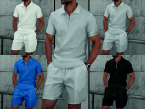 क्रॉस-बॉर्डर पुरुषों के यूरोपीय अमेरिकी एलिएक्सप्रेस ग्रीष्मकालीन वाफ़ल ठोस रंग पैचवर्क जिपर शॉर्ट-आस्तीन 100% पॉलिएस्टर सेट - Product Image 3