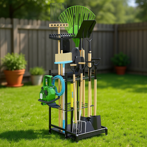 Support de rangement pour outils de jardin, structure métallique, revêtement noir en poudre, autoportant, pour l'extérieur, pour pelles, brosses, balais et outils - Product Image 2