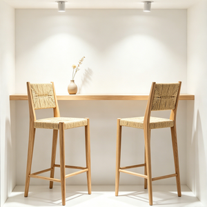 Taburete de Barra Moderno Japandi Wabi-Sabi de Madera Maciza con Respaldo de Cuerda de Cáñamo Tejida a Mano para Comedor, Cocina, Isla, Desayunador, Mini <span class=keywords><strong>Bar</strong></span> - Product Image 1