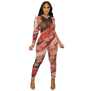 Hanrong Red Sexy Mesh See Through Jumpsuit Party Club Outfit For Women 2023 Fall Patchwork Print Activewear Fashion Romper
