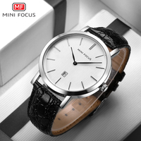 Montre à quartz habillée MINI FOCUS MF0108G pour homme, bracelet en cuir véritable noir, affichage du calendrier, minimaliste, style occidental, montre pour homme