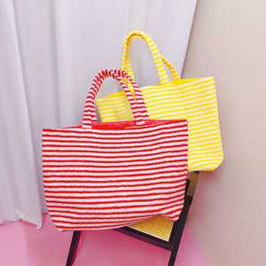 20 Inches Luxury Striped Terry Cloth Carry <b>Tote</b> Fashion Portable Beach <b>Bag</b> Plush <b>Shoulder</b> <b>Strap</b> Large Capacity Shopping Travel - Product Image 4