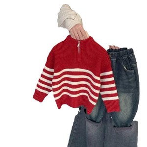 Tongxingyuan Childrens Sweater Red White Stripes Zipper Thick Cotton Winter Boys Knit Top New Year Outfit - Product Image 5
