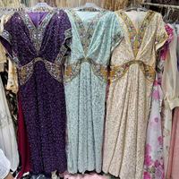 Robe Kaftan Perlée Col V Coupe Ample Longueur Maxi Manches Courtes Confortable Élégante Modeste Robe de Soirée pour Femmes Musulmanes