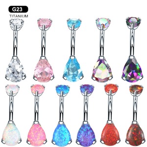 Anneau de nombril en titane G23 avec barre incurvée et incrustation de CZ ou d'opale en forme de goutte d'eau |   Bijoux de piercing au nombril hypoallergéniques pour femmes et hommes - Product Image 1