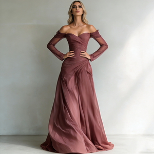 Robes pour femmes, rose poussiéreux, épaules <span class=keywords><strong>d</strong></span>énudées, col cœur, maille transparente, manches longues, plissées, ajustées, élégantes, formelles, robes longues à traîne - Product Image 4