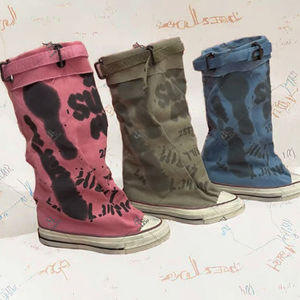 Women's 2025 Autumn Graffiti <b>Belt</b> Buckle Knee-High Canvas <b>Wide</b> Barrel Boots Slip-on High Top Sneakers Chunky Heel Round Toe - Product Image 3
