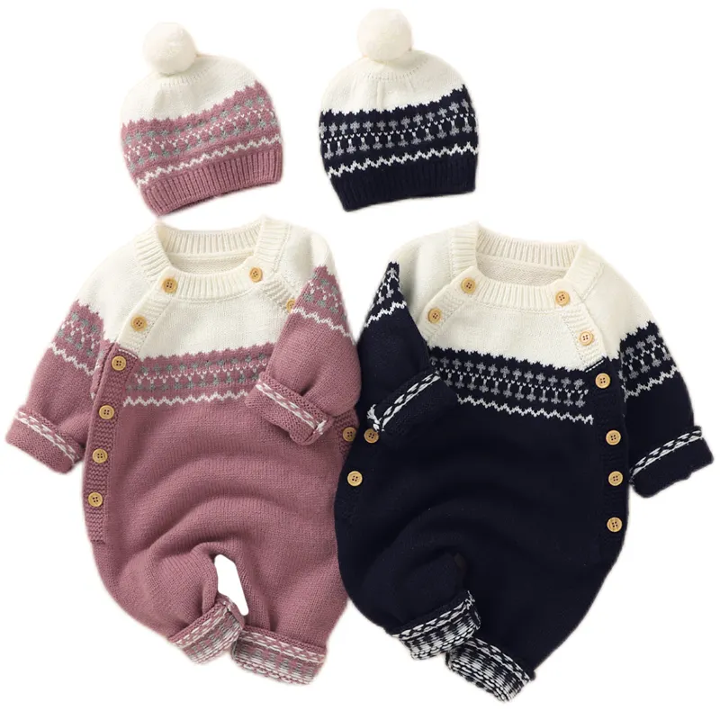 Baby Romper Winter Autumn Long Sleeve Newborn Boy Girl Clothes Infant Knitted Jumpsuit+ Hat Outfits Warm Kid Toddler Clothing