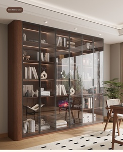 XHA Oak <b>Solid</b> <b>Wood</b> Modern Large Capacity Five-Tier <b>Bookcase</b> Display Cabinet Curved Glass Doors Custom-Made Wall-Mounted - Product Image 4