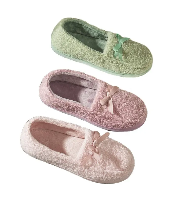 Fashion Bowknots Decoration Women Fluffy Shoes Indoor Winter House Slippers