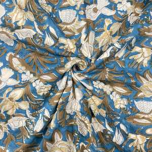 Blue Floral Block <b>Print</b> Cotton Voile Fabric 44 Inch HandDyed Indian <b>Botanical</b> Cotton Textile Soft Lightweight Dress Material - Product Image 6