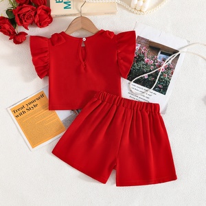 Kids <strong>Girl</strong> Two Piece Clothes Set Floral Flutter Sleeve Crop Top High Waist Wide Leg <strong>Shorts</strong> <strong>Red</strong> Summer Outfit - Product Image 3