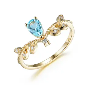 Fashion 14K Yellow Gold Natural Aquamarine BlueトパーズRing Gemstone Rings For Women MoissaniteカスタマイズWedding Promise Ring