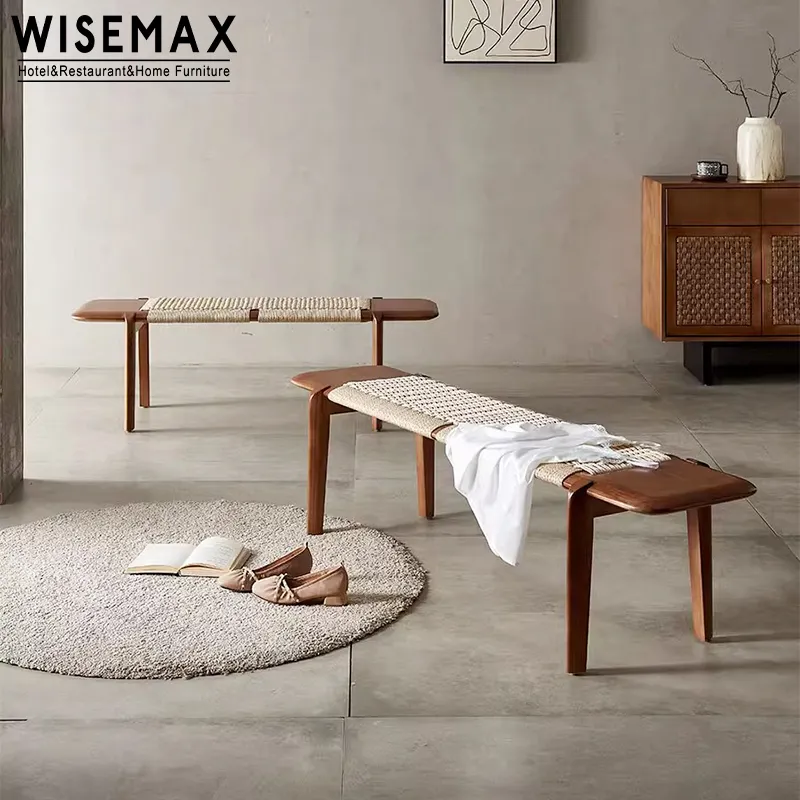 WISEMAX FURNITURE Retro Living Room Furniture panca con sedile in corda intrecciata nordica per comodino sgabello ottomano in legno massello per ingresso