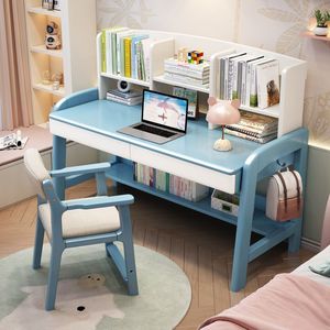 Childrens <b>Study</b> <b>Desk</b> With Bookshelf Integrated Blue White Modern Minimalist Style For Primary Secondary Students Home Bedroom - Product Image 1