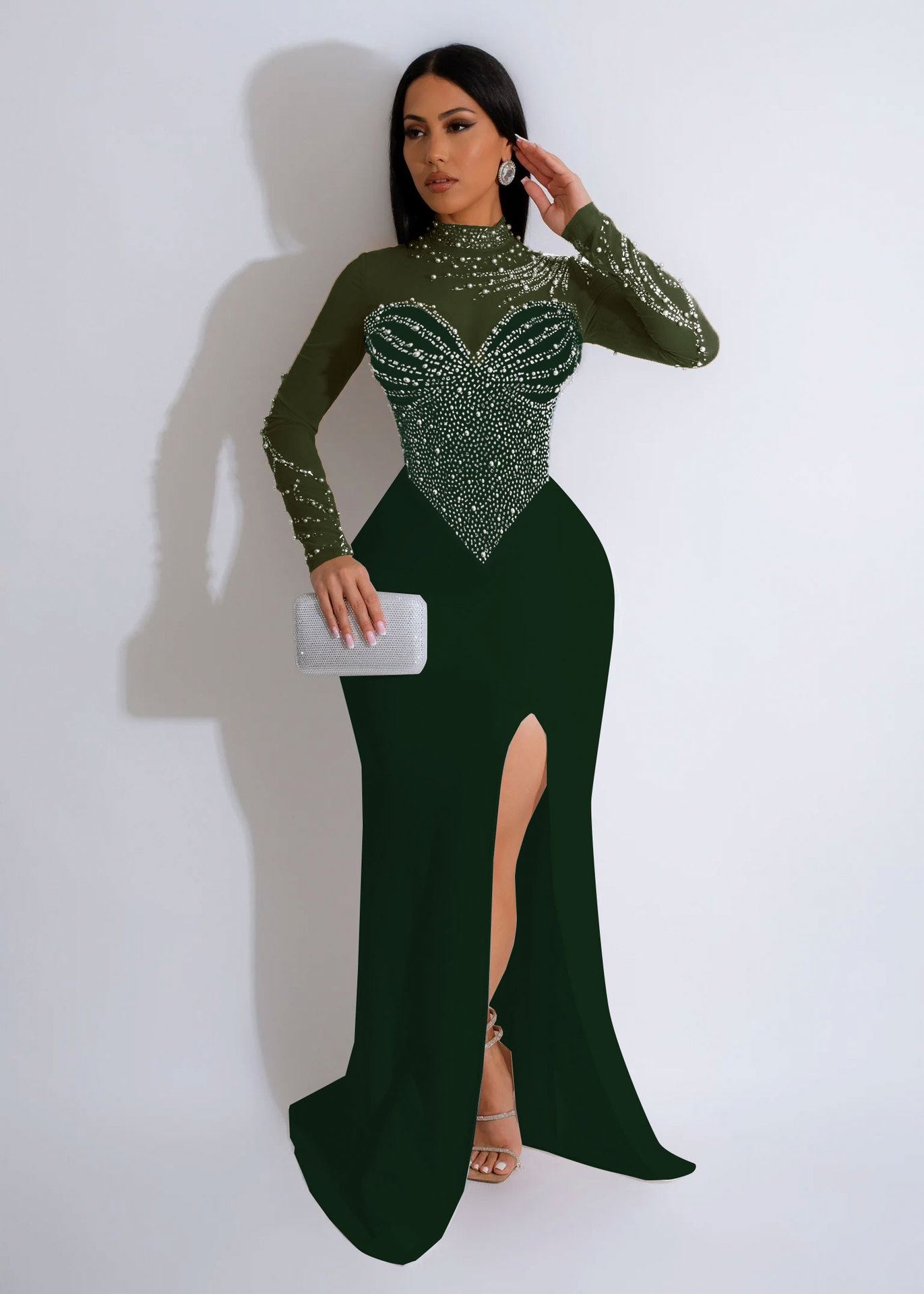 Elegant Mermaid Pearl-Bejeweled Floor-Length Slit Dress OEM