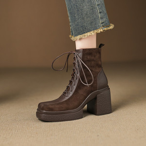 Botines de Piel de Oveja con Cordones Delanteros, Tacón Grueso, Suela Gruesa, Estilo Retro Clásico, Casual, Cómodos, a la Moda, Combinan con Todo - Product Image 5