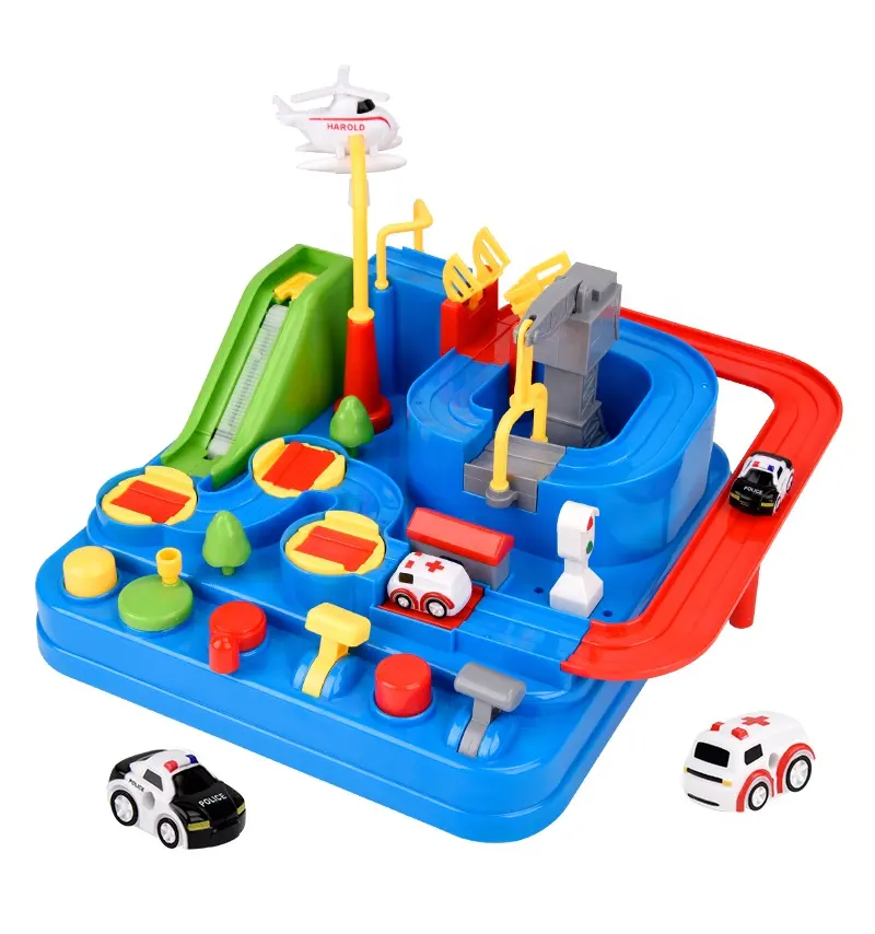 2020 auto da corsa ad attrito alimentata a mano Adventure 8 challenge City Rescue Game Track Set Toy for Boys Plastic Color Box Slot Toy