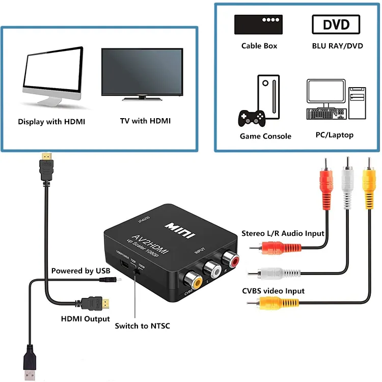 Mini boyut 1080p HDMI2AV HDMI AV HDMI RCA Video ses dönüştürücü siyah beyaz