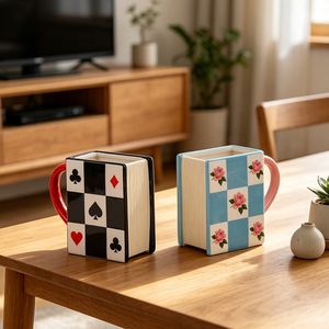 Tasse à café/thé en céramique Redeco motif damier carré, motif cartes à jouer et roses, cadeau, vente en gros, logo personnalisé - Product Image 1