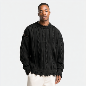<span class=keywords><strong>Pull</strong></span> en maille torsadée délavée pour homme en <span class=keywords><strong>noir</strong></span> avec détails de surpiqûres blanches, col effiloché et coupe ample - Product Image 6
