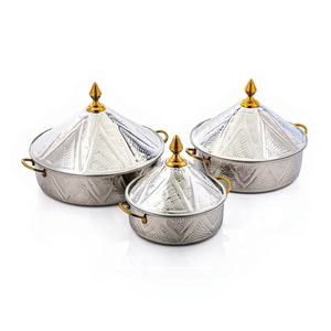 Juego de 3 cazuelas aisladas de acero inoxidable hechas a mano para servir alimentos ecológicos clásicos de forma redonda - Product Image 1