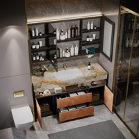 Meuble-lavabo autoportant moderne à grain de bois géométrique, armoire de salle de bain en pierre naturelle colorée avec miroir LED intelligent de forme spéciale