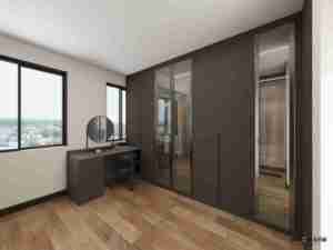 Armoires modernes minimalistes avec porte en verre, éclairage LED, <span class=keywords><strong>dressing</strong></span>, placard en bois foncé avec coiffeuse et miroir rond - Product Image 4