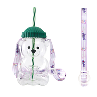 Bouteille en verre jetable en gros, mini 500 ml, motif ours en peluche, avec paille, pour boissons froides et café