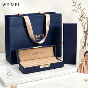 WEIMEI Luxury Navy Blue Leather Gold Clasp Velvet Lining 3-Row Ring <b>Earring</b> Stud Organizer Portable Travel Jewelry <b>Box</b> - Product Image 1