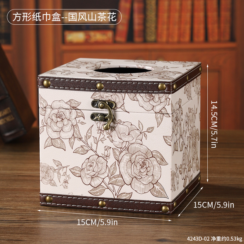 4243D-02 Boîte à mouchoirs carrée - Camélia de style chinois