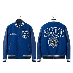 Chaqueta Bomber Unisex Azul Cortavientos de 600 GSM con Mezcla de Lana y Mangas de Cuero PU, Logotipo Bordado en Chenille Personalizado - Product Image 1