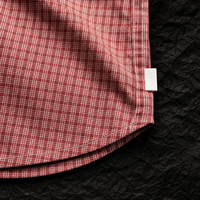 Kemeja Pria Lengan Pendek Motif Tartan Merah Putih Kustom, Katun Premium Bernapas, Motif Kotak-kotak Mikro, Kasual Musim Panas, Kemeja Kancing Pria
