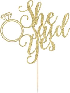 1 Pieza Decoración para Pastel con la Frase "Él pregunta, ella dice sí" - Divertida para Bodas, Compromisos, Despedidas de Soltera, Decoración para Fiestas (Dorado) - Product Image 5