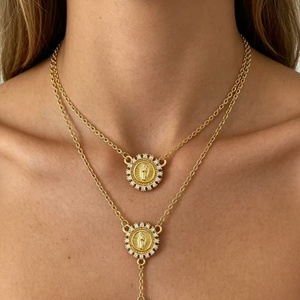 Collar de <span class=keywords><strong>Rosario</strong></span> con Medallón Ovalado Circular de <span class=keywords><strong>la</strong></span> <span class=keywords><strong>Virgen</strong></span> Marí<span class=keywords><strong>a</strong></span> con Incrustaciones de Circonitas, Cruz y Doble Aro, Protección Espiritual - Product Image 1