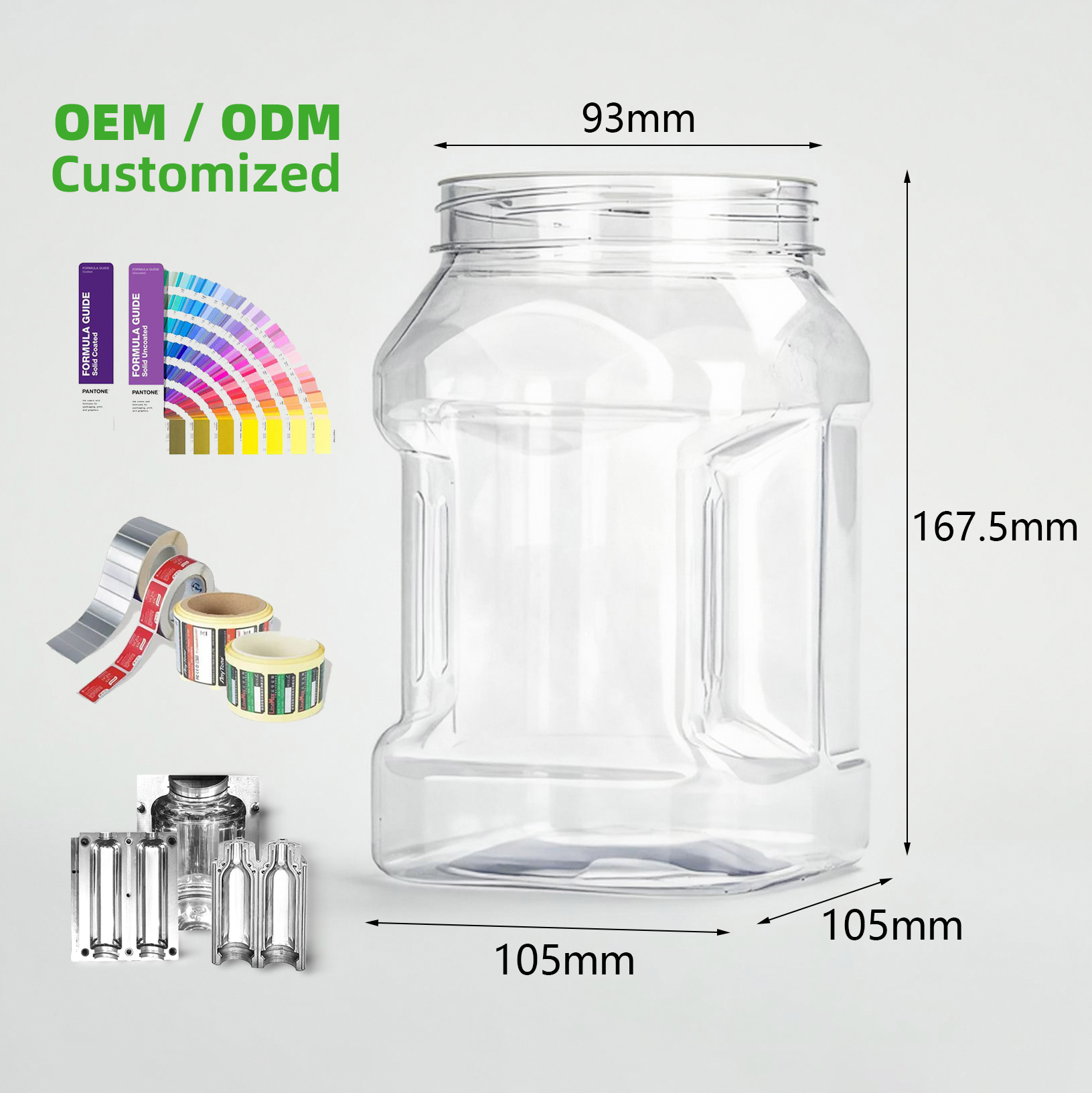 Custom Logo 1500ml Wide Mouth Plastic Square Jar Clear Empty Storage Containers PET Plastic Jar for Dry Fruits with Lid