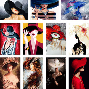 Dipingi con i numeri <span class=keywords><strong>donna</strong></span> nel cappello dipinto a mano pittura a olio fai da te con i numeri kit <span class=keywords><strong>disegno</strong></span> su tela senza cornice decorazioni per la casa artigianato per adulti - Product Image 2