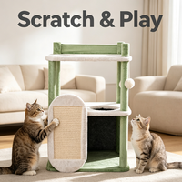 Modern Kedi Ağacı, Peluş Çerçeveli Platformlar, Ön Sisal Tırmalama Tahtası, Alt Kedi Evi ve İki Seviyeli Dinlenme Alanı ile